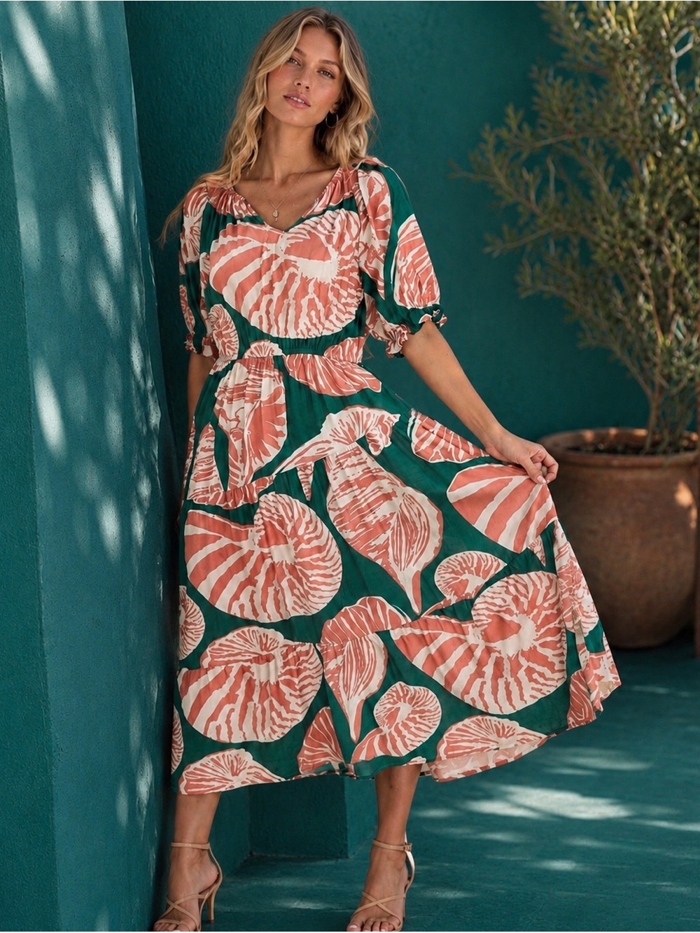 UMGEE Shell Puff Sleeve MIDI MAXI Teal & Coral Tropical Print SM NWT